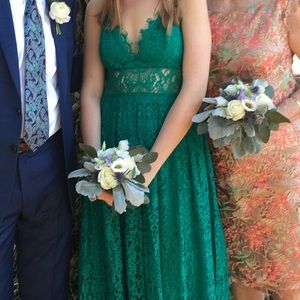 Green lace formal midi dress
